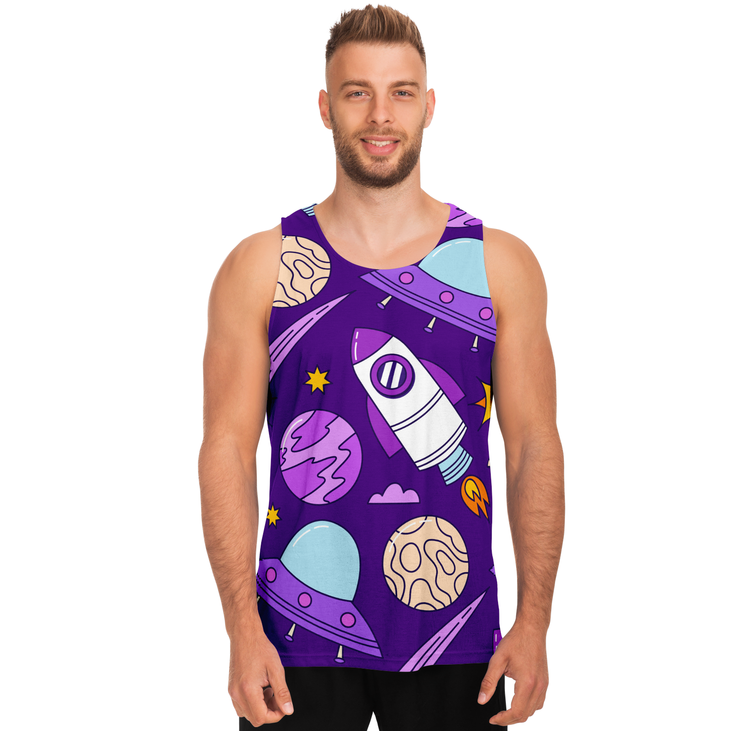  Male model front view wearing Galaxy Glow Tank Top with glowing rocket and star illustrations