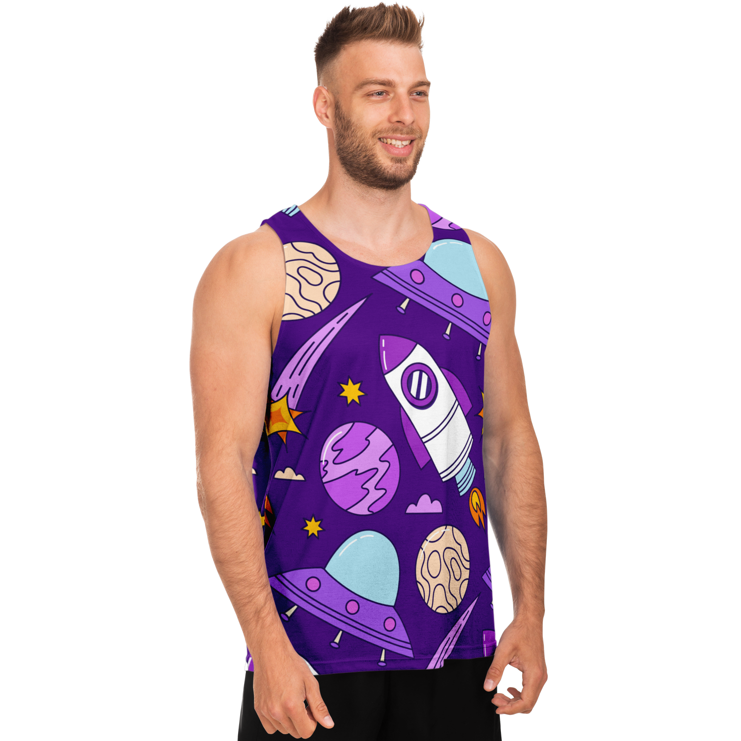  Side profile of man in Galaxy Glow Tank Top with colorful cosmic design