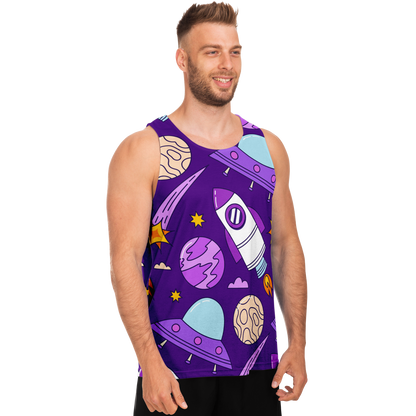  Side profile of man in Galaxy Glow Tank Top with colorful cosmic design