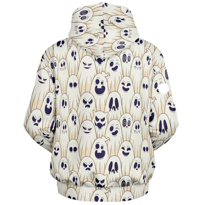 Back view of the Halloween ghost hoodie laid flat, showing the pattern on the back and hood.