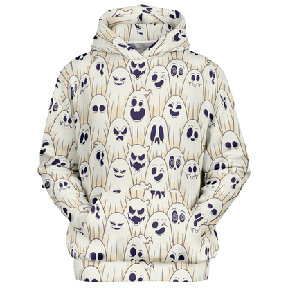 Front view of the Halloween ghost hoodie laid flat, showing the pattern on the front