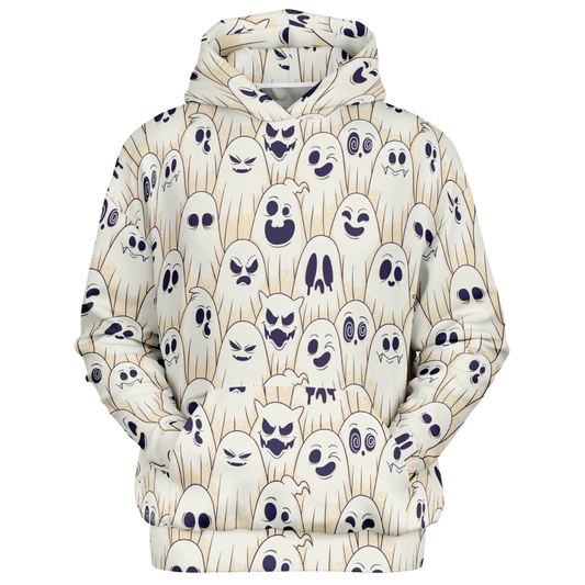 Front view of the Halloween ghost hoodie laid flat, showing the pattern on the front