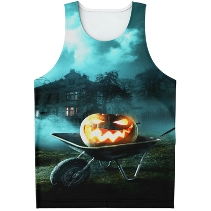 Front view of a tank top laid flat, with a graphic of a glowing jack-o'-lantern in a wheelbarrow.