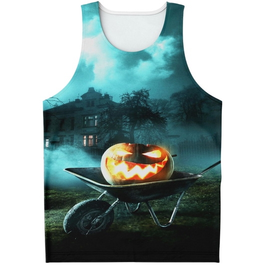 Front view of a tank top laid flat, with a graphic of a glowing jack-o'-lantern in a wheelbarrow.