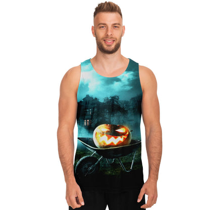  A smiling man wearing the Halloween tank top with a glowing graphic.
