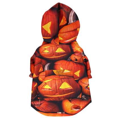 Back view of the Halloween pumpkin dog hoodie laid flat, showing the full pattern.