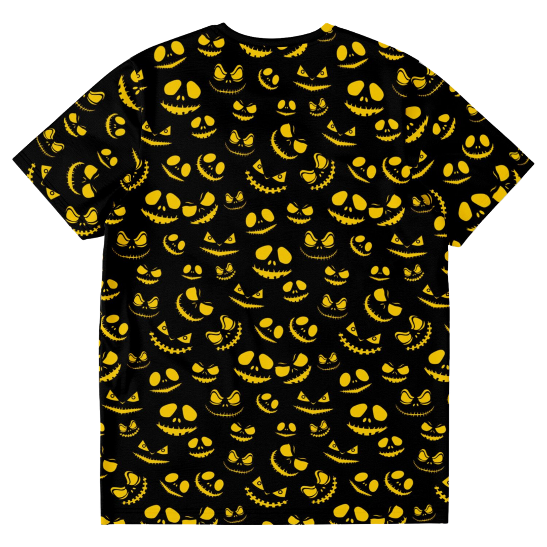Back view of the Halloween sinister  t-shirt laid flat, showing the full all-over print.
