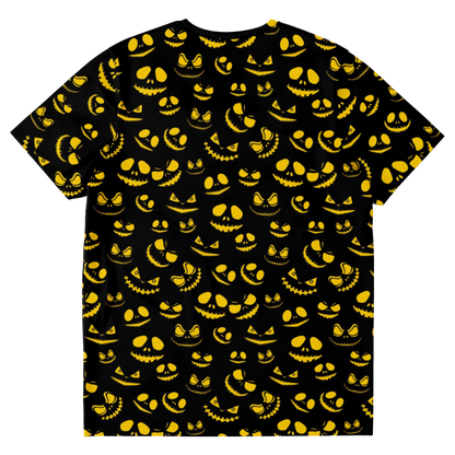 Back view of the Halloween sinister  t-shirt laid flat, showing the full all-over print.