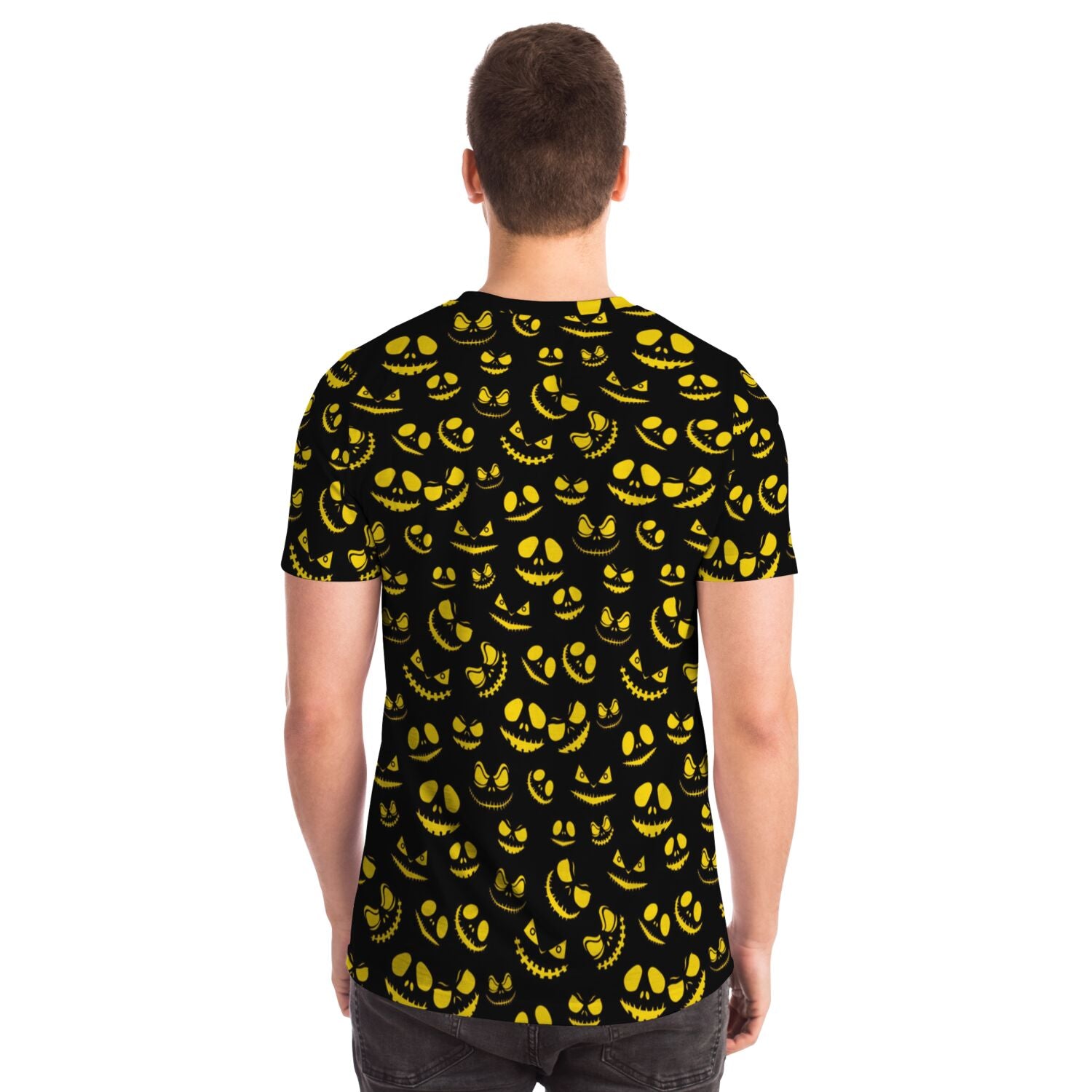 Back view of a man wearing the sinister grins all-over print Halloween t-shirt.