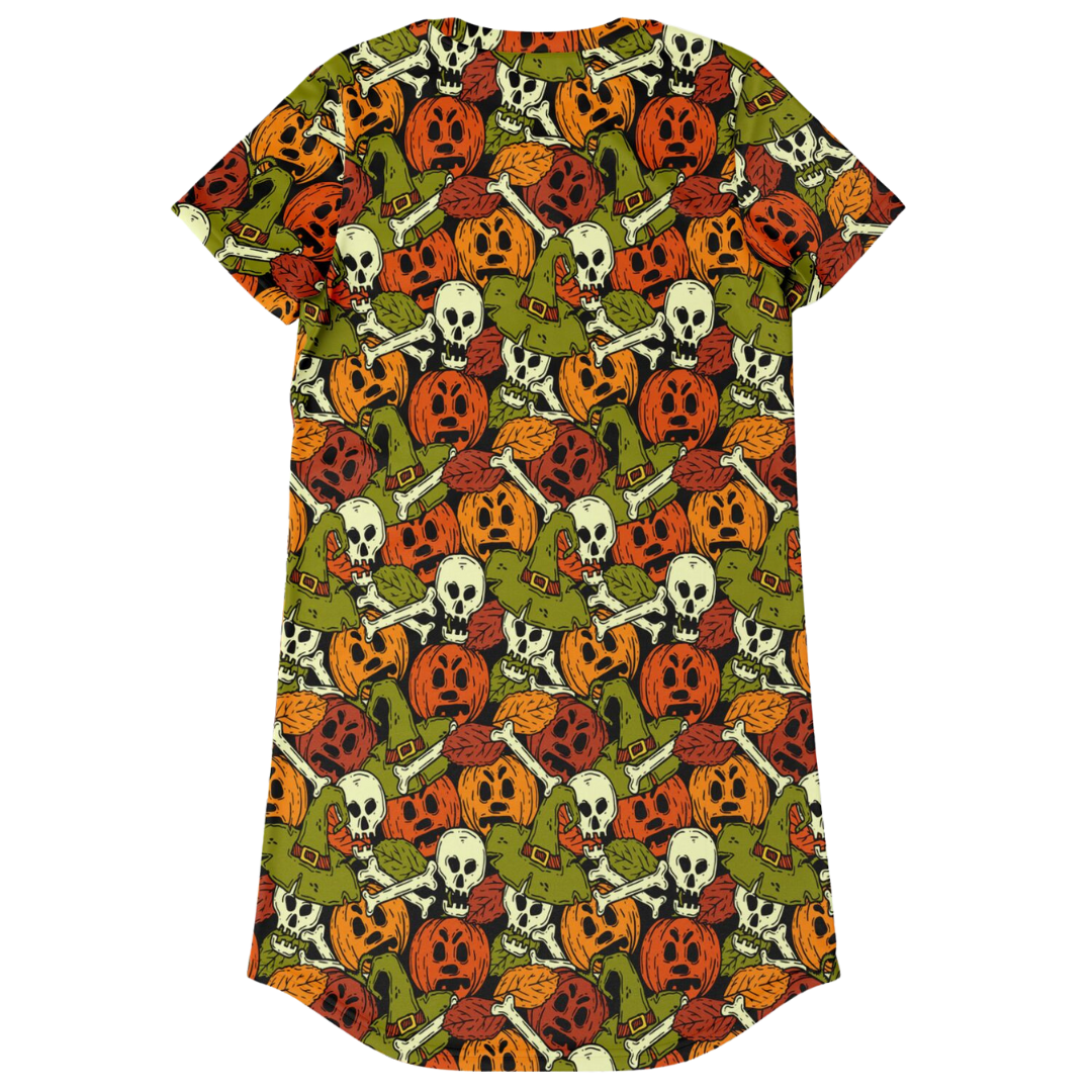 Back view of the Halloween-themed t-shirt dress laid flat, showing the curved hem and full pattern.