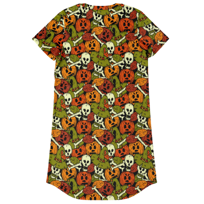 Back view of the Halloween-themed t-shirt dress laid flat, showing the curved hem and full pattern.