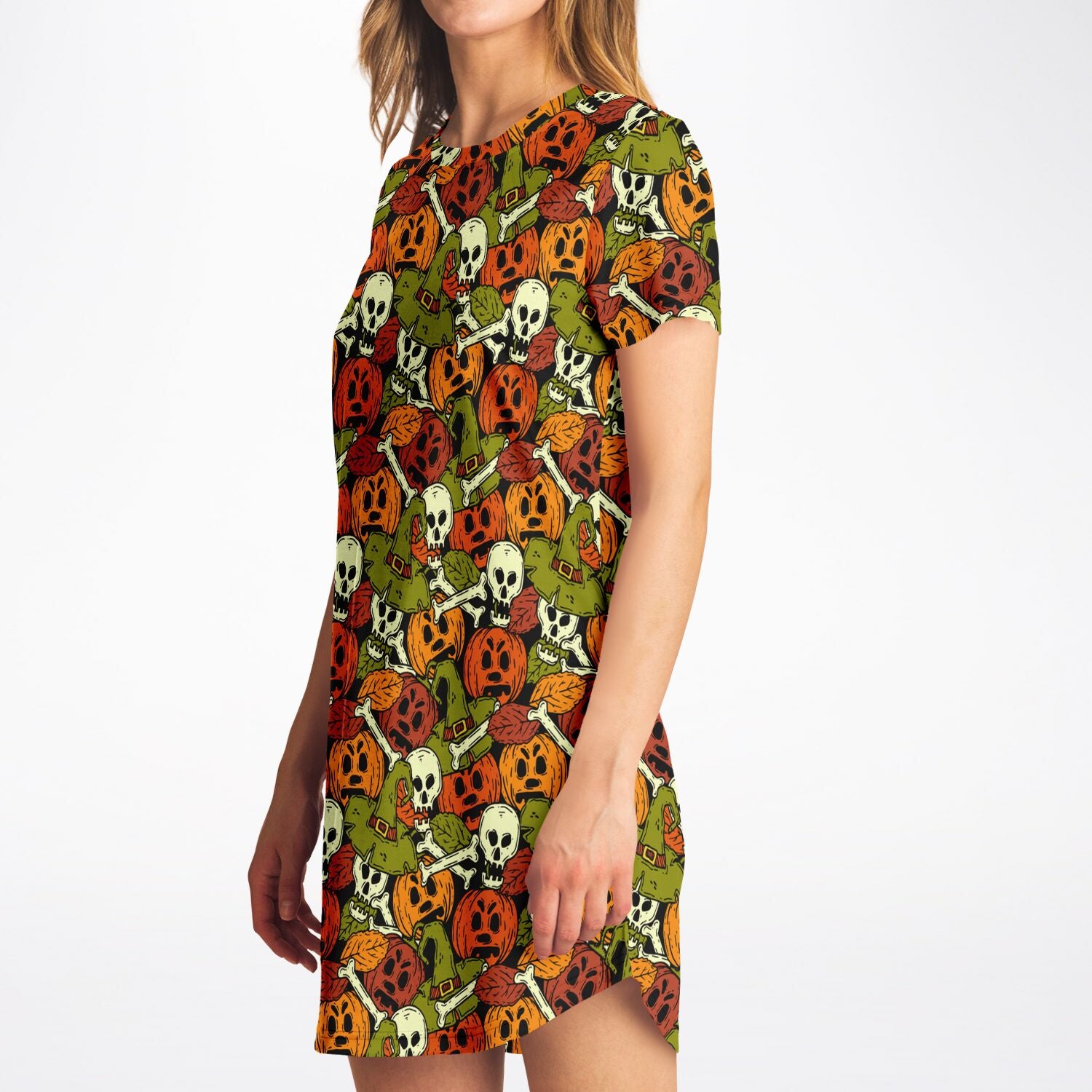 Side view of a woman wearing the Halloween-patterned t-shirt dress, showing its fit and sleeve length.