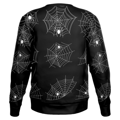 Back view of the black spiderweb sweatshirt laid flat, showing the full pattern on the back and sleeves.