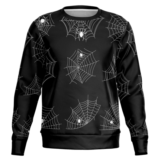 Front view of a black sweatshirt laid flat, featuring a repeating white spiderweb pattern.