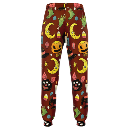 Back view of the Halloween-themed joggers laid flat, showing the repeating pattern of pumpkins and moons.