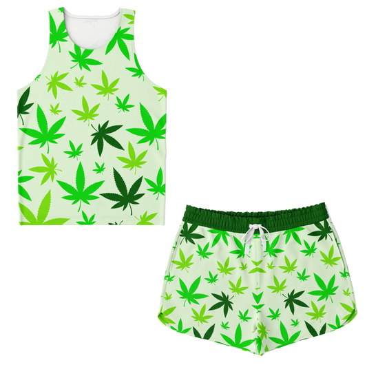 Front view of High Vibe co-ord set with green leaf-printed tank top and shorts laid flat