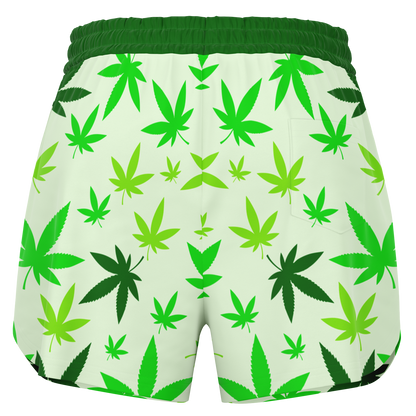 High Vibe Shorts back view with green cannabis leaf pattern
