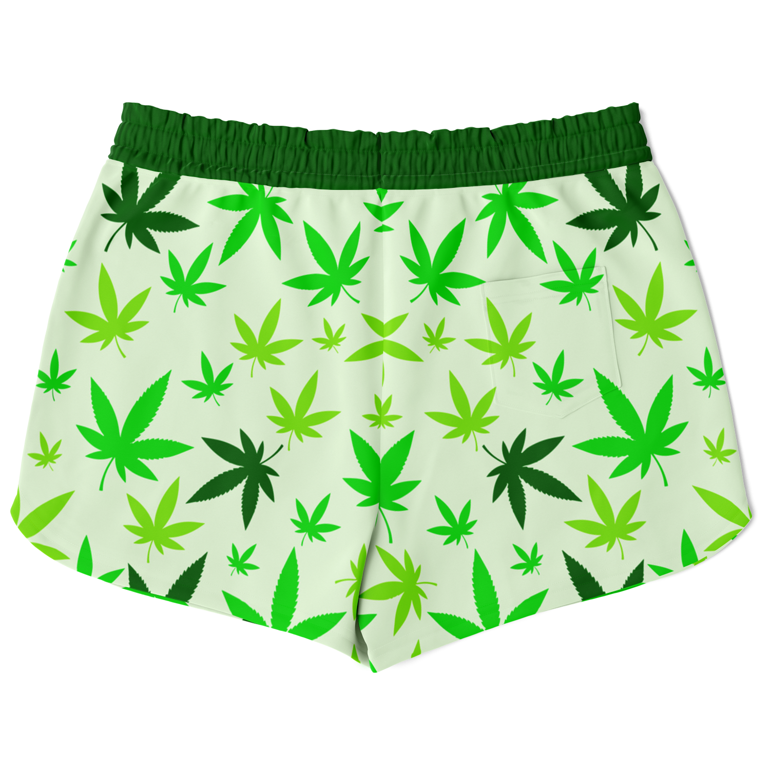 High Vibe Shorts back flat view with green cannabis leaf pattern