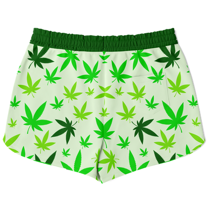High Vibe Shorts back flat view with green cannabis leaf pattern
