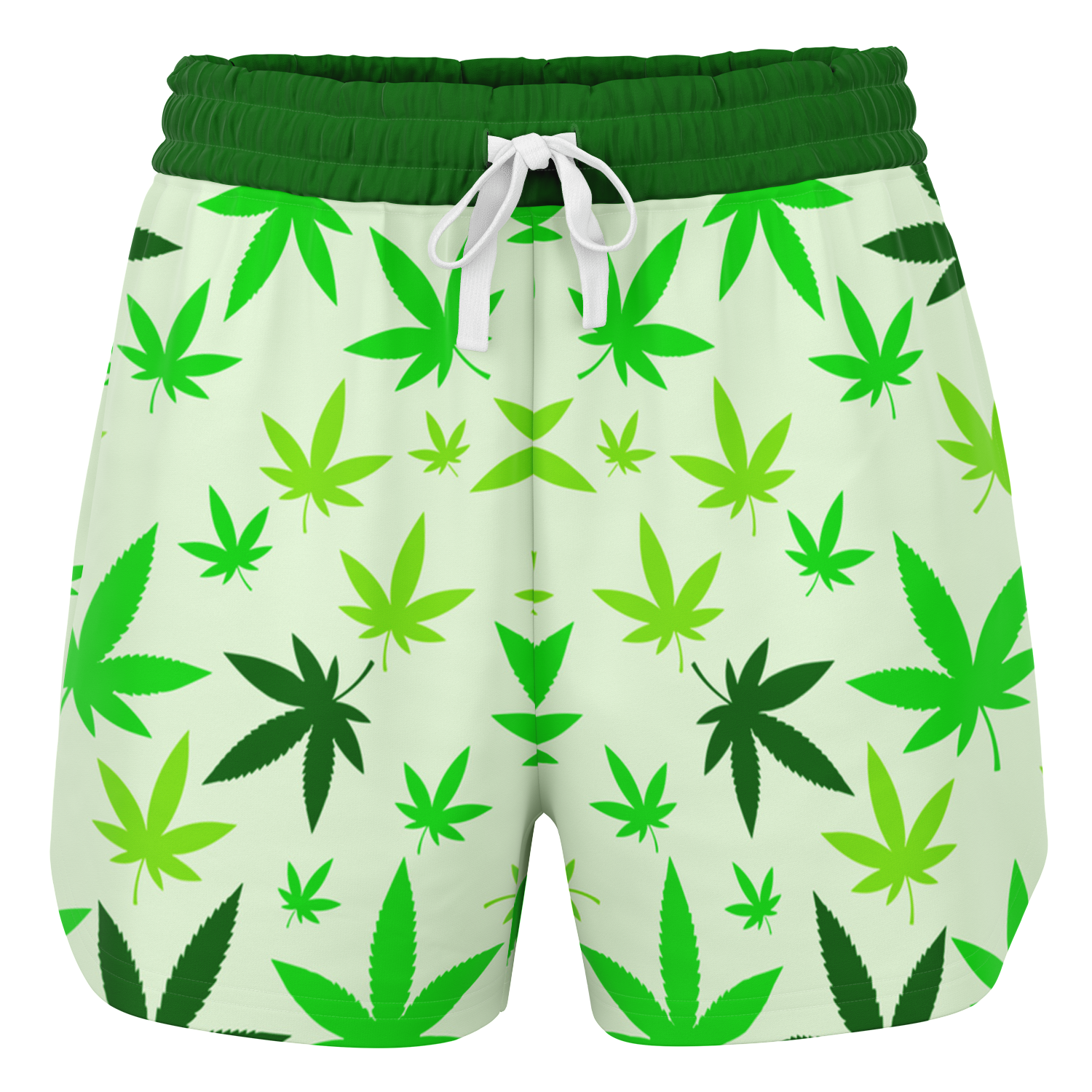 High Vibe Shorts front flat view with green cannabis leaf pattern