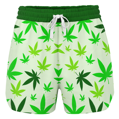 High Vibe Shorts front flat view with green cannabis leaf pattern