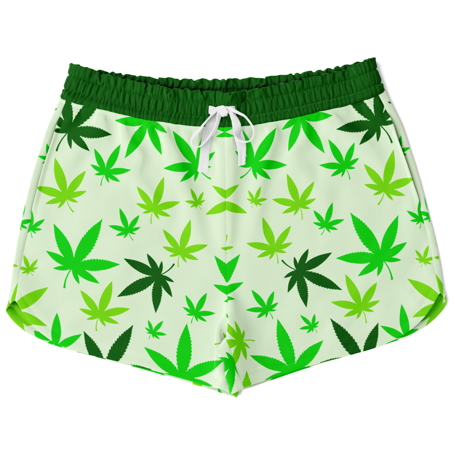 High Vibe Shorts front flat view with green cannabis leaf pattern