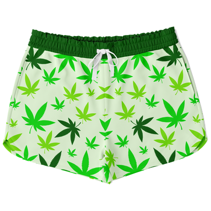 High Vibe Shorts front flat view with green cannabis leaf pattern