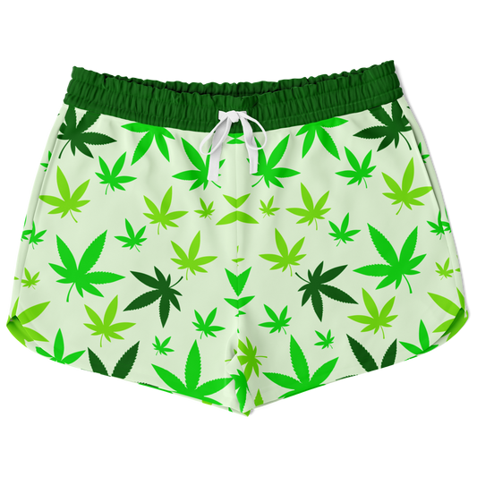 High Vibe Shorts front flat view with green cannabis leaf pattern