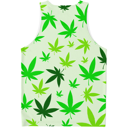 Back of High Vibe co-ord tank top with repeated green leaf motifs