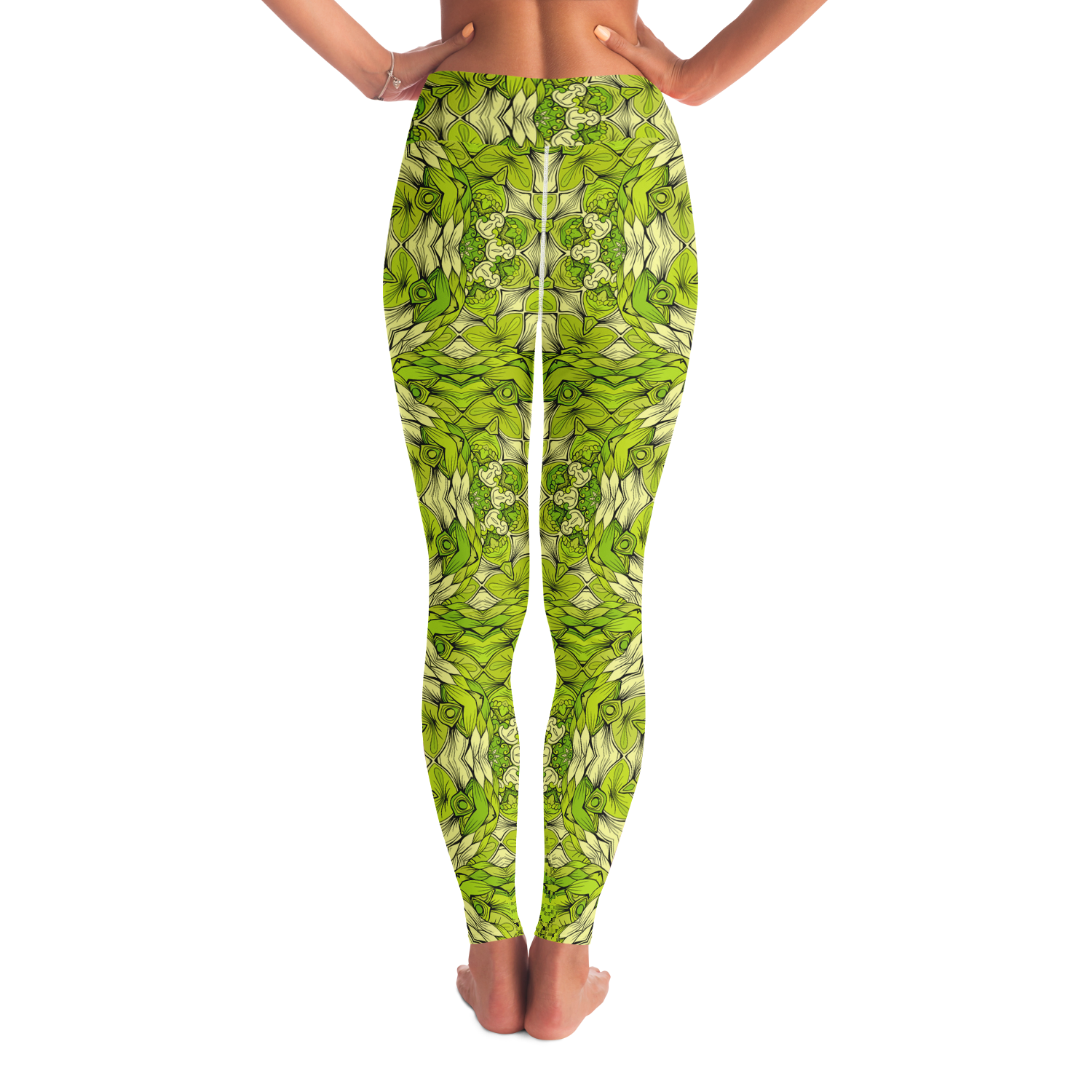 Back view of leaf print leggings with green leafy pattern and hands on waist pose