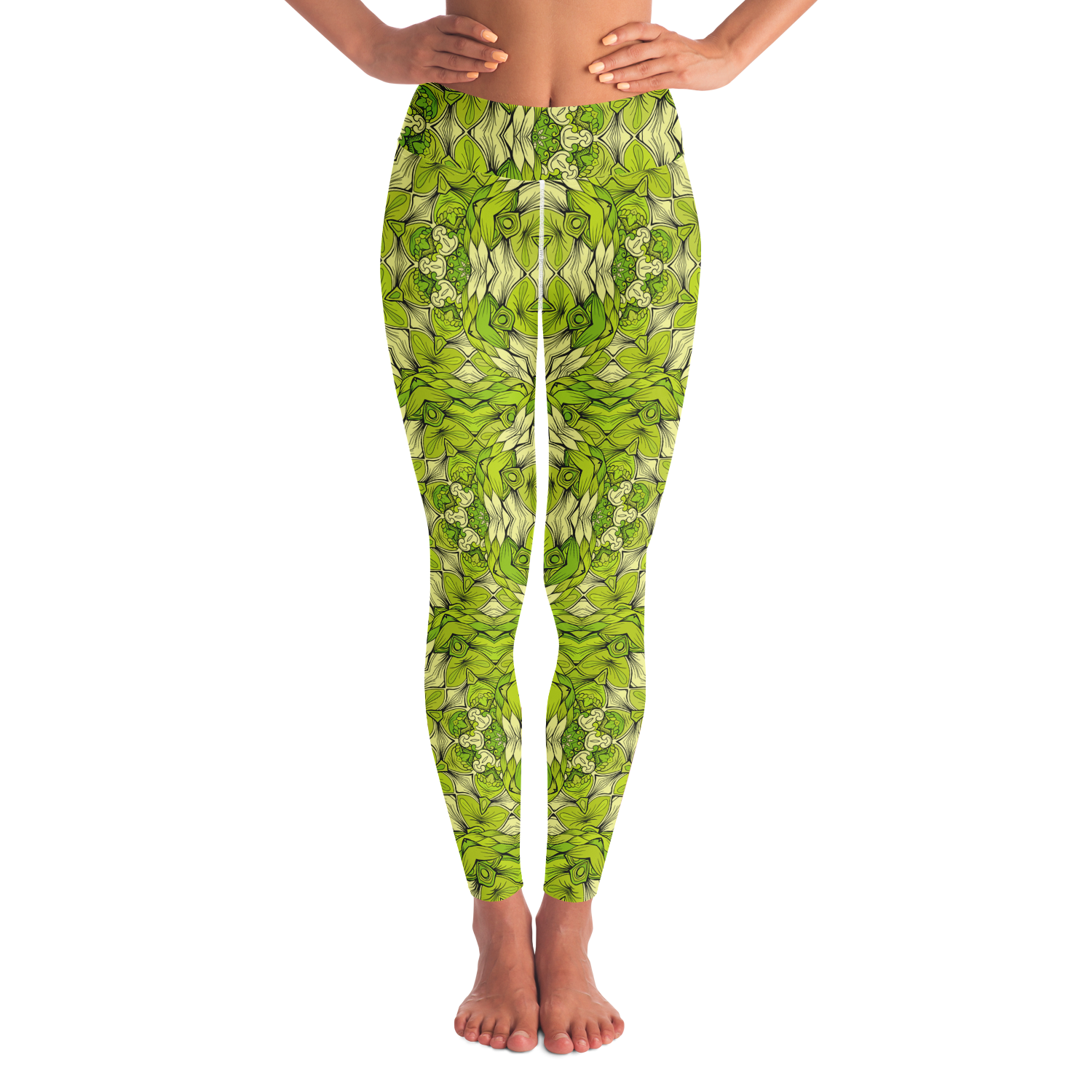 Leaf print leggings front view with high waist and green botanical design