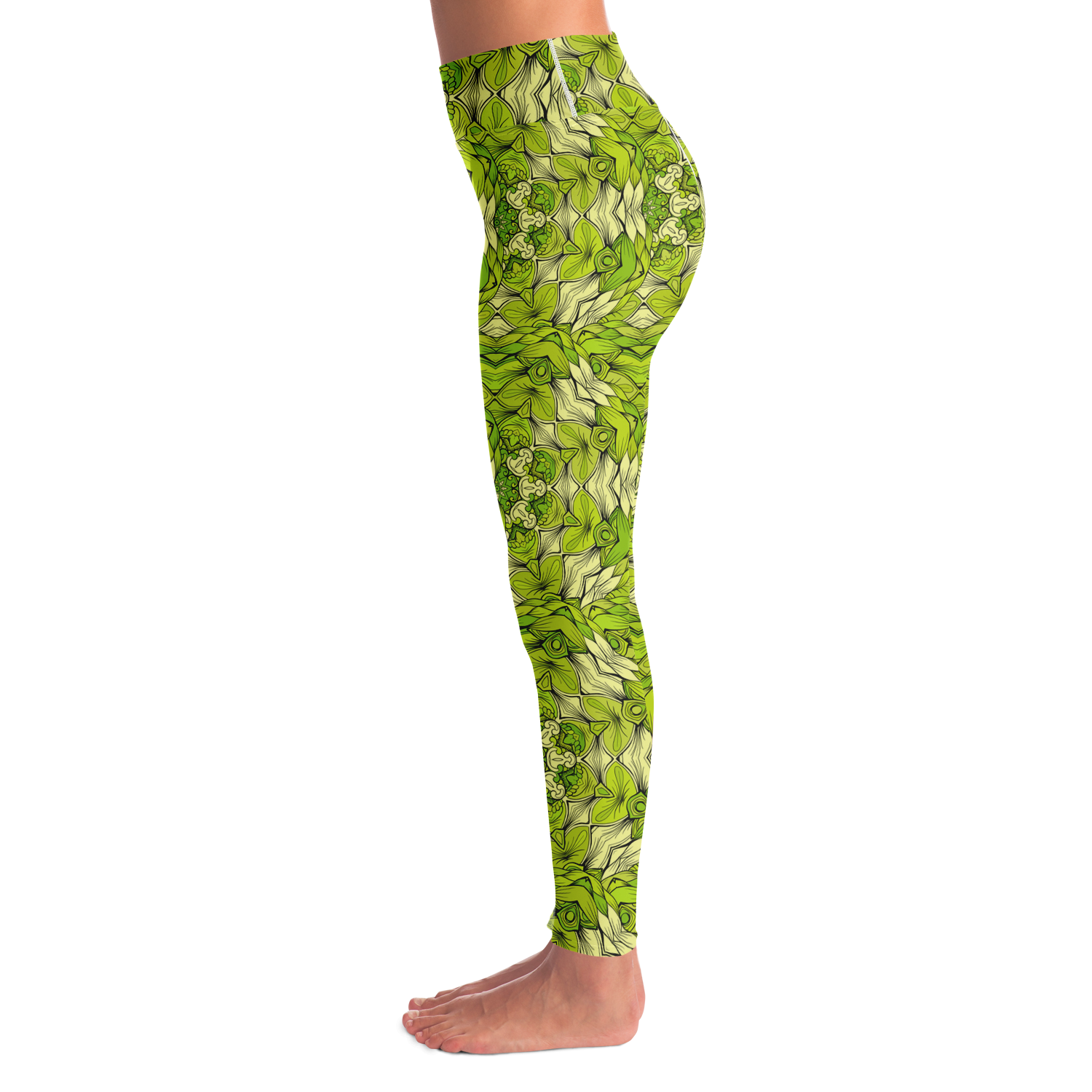 Left side view of green leaf print leggings with detailed foliage-inspired design
