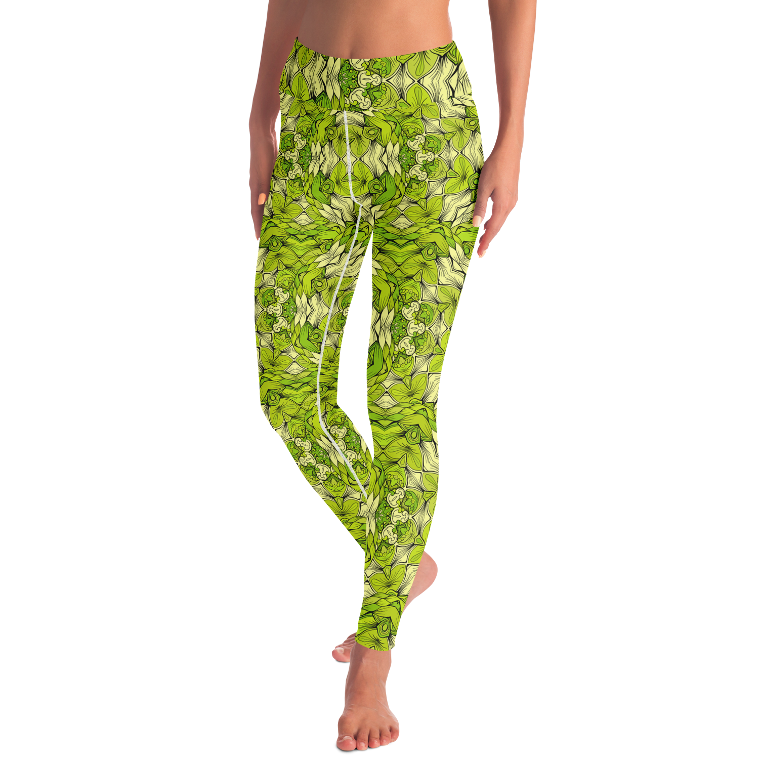 Front view of leaf print leggings in walking pose with vibrant green botanical patter