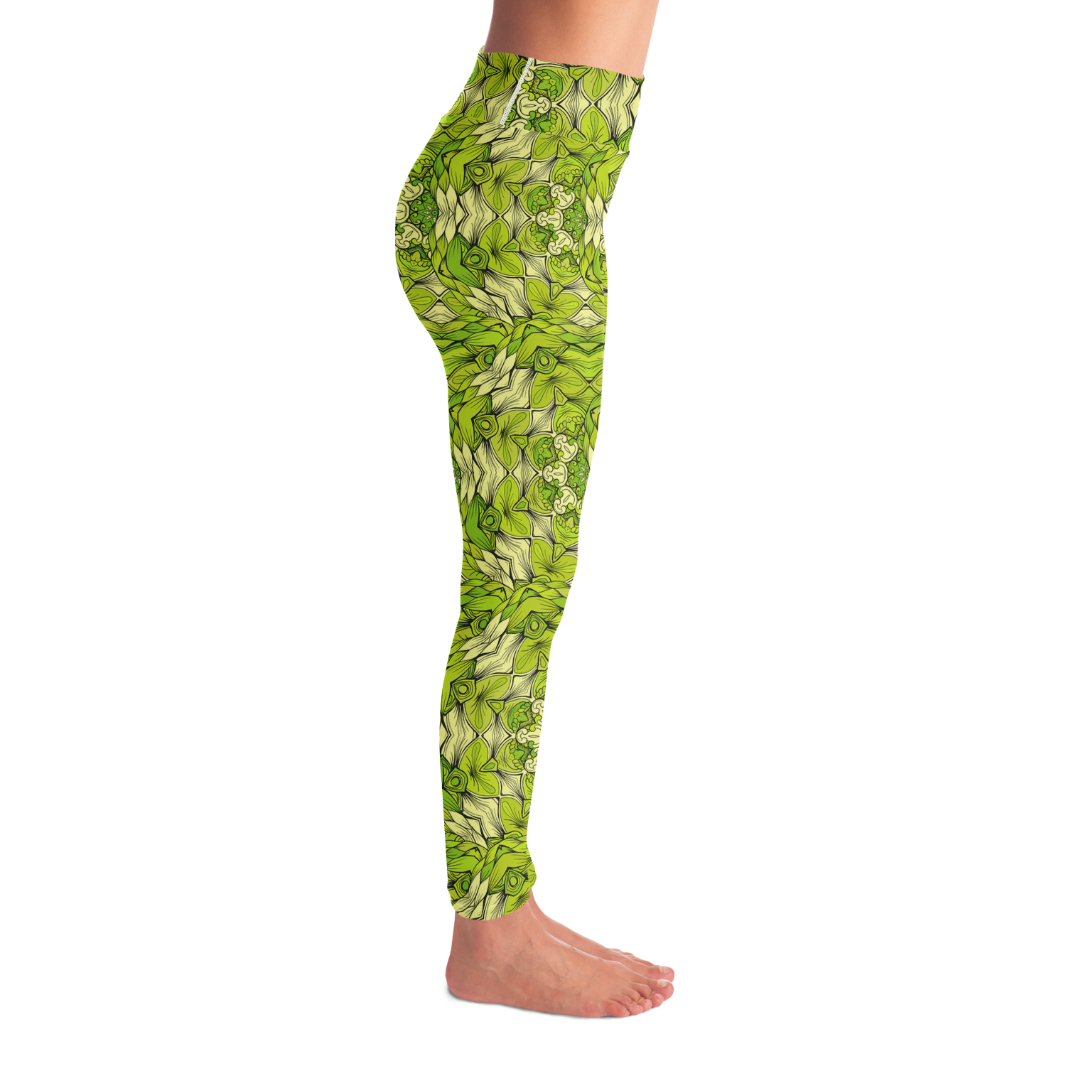 Right side view of green leaf print leggings featuring an intricate botanical pattern