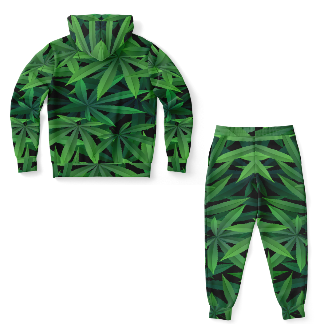 Back view of Leaves Print co-ord set featuring all-over leaf pattern on hoodie and joggers