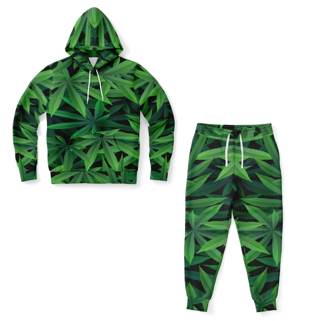 Front view of Leaves Print co-ord set with green hoodie and joggers laid flat