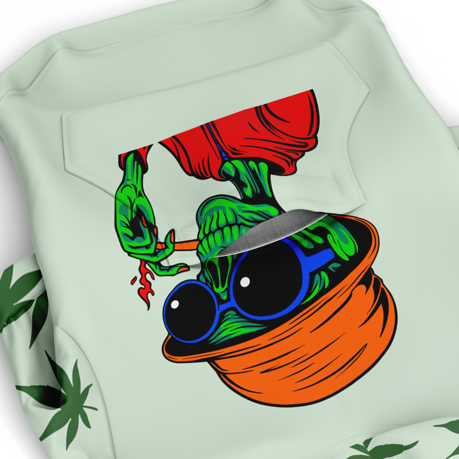 Close-up of cartoon-style artwork on the back of leaves print dog hoodie