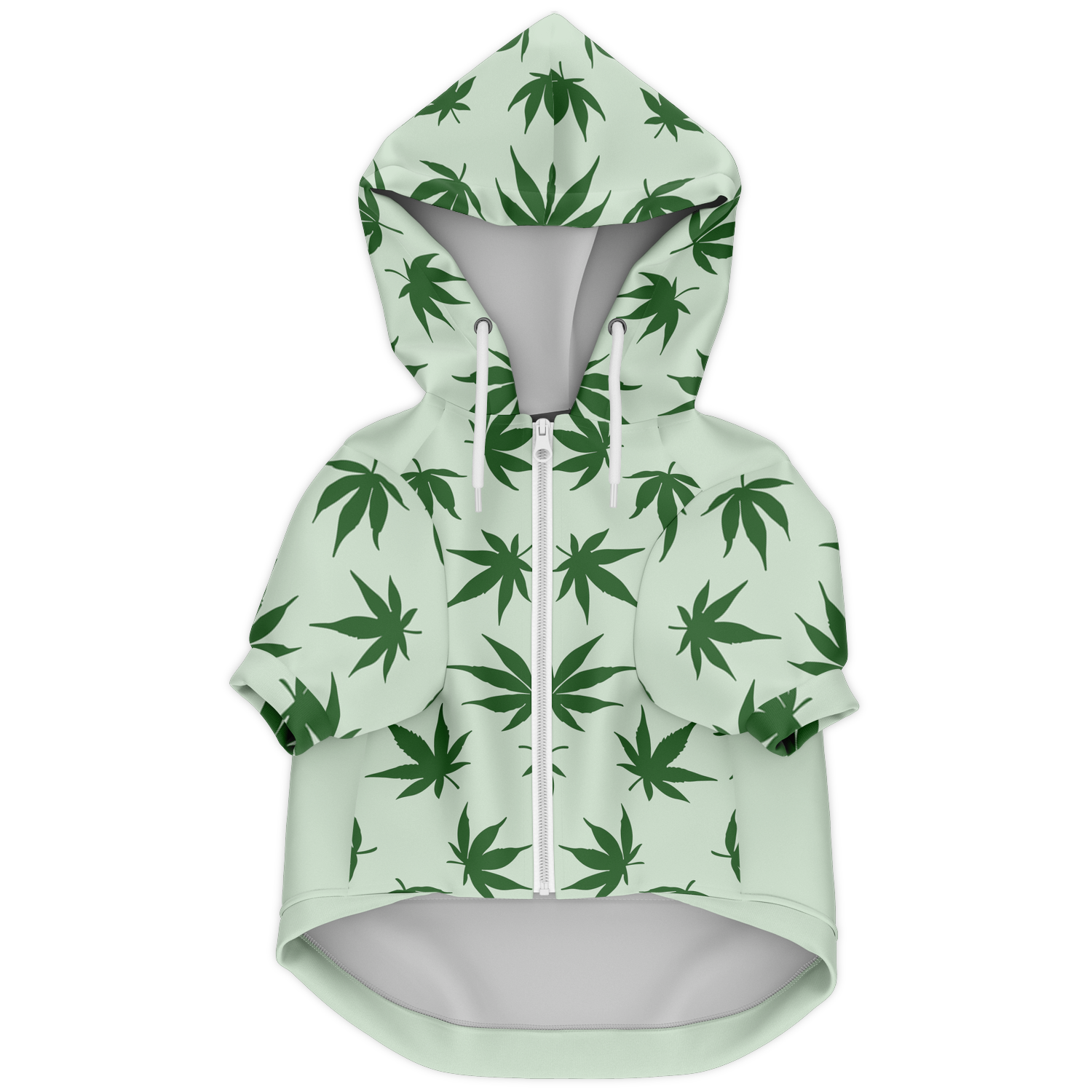 Front flat lay of leaves print dog hoodie with zipper and hood