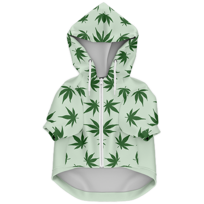 Front flat lay of leaves print dog hoodie with zipper and hood