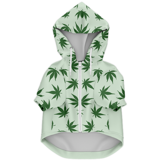 Front flat lay of leaves print dog hoodie with zipper and hood