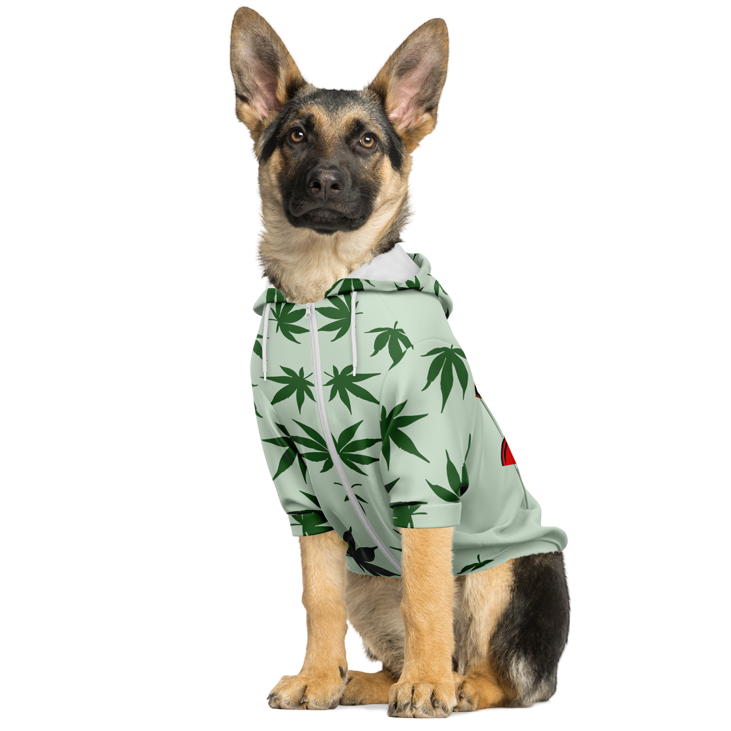 Dog in leaves print hoodie — side view sitting pose with zipper front and hood