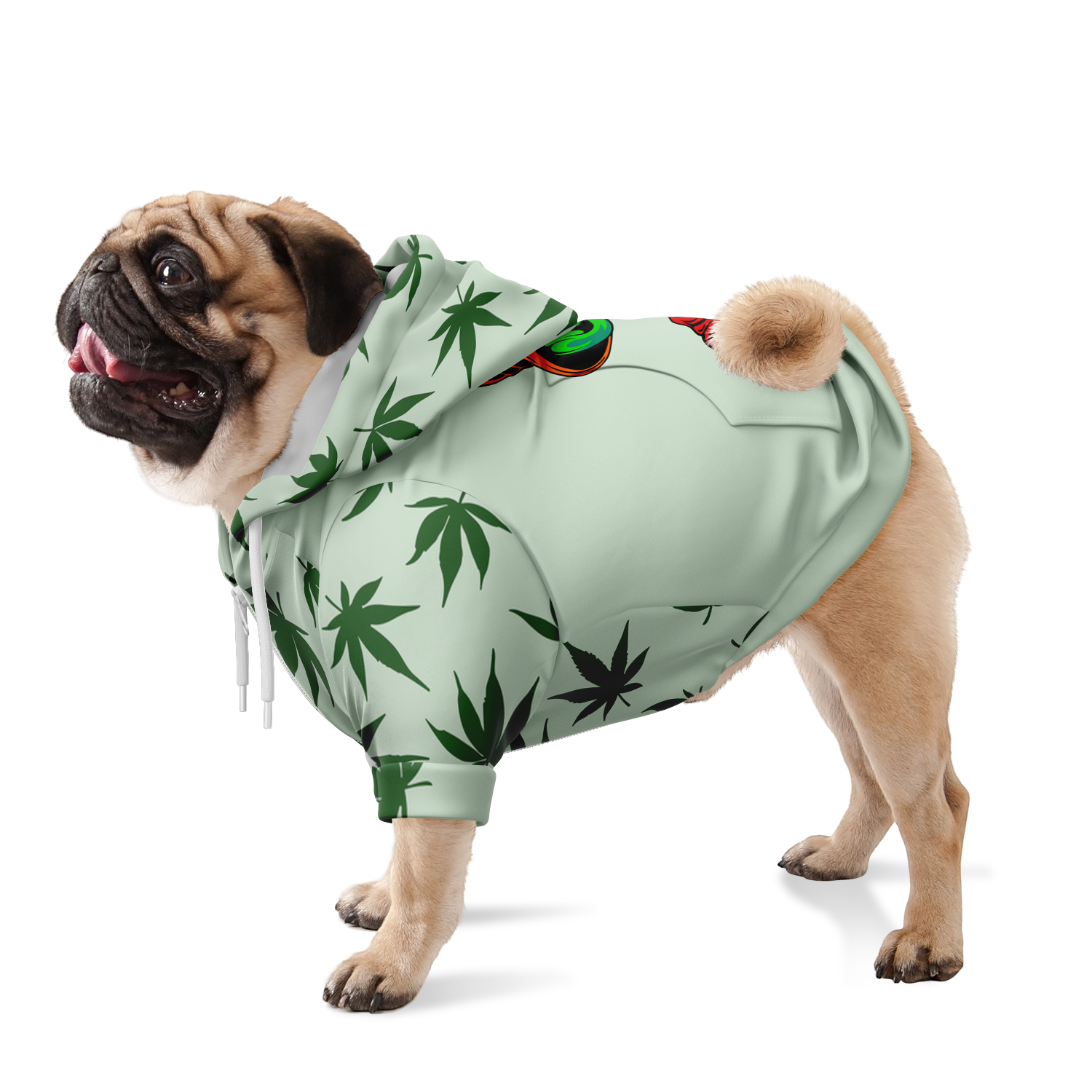 Dog standing in leaves print hoodie with front pocket and printed hood