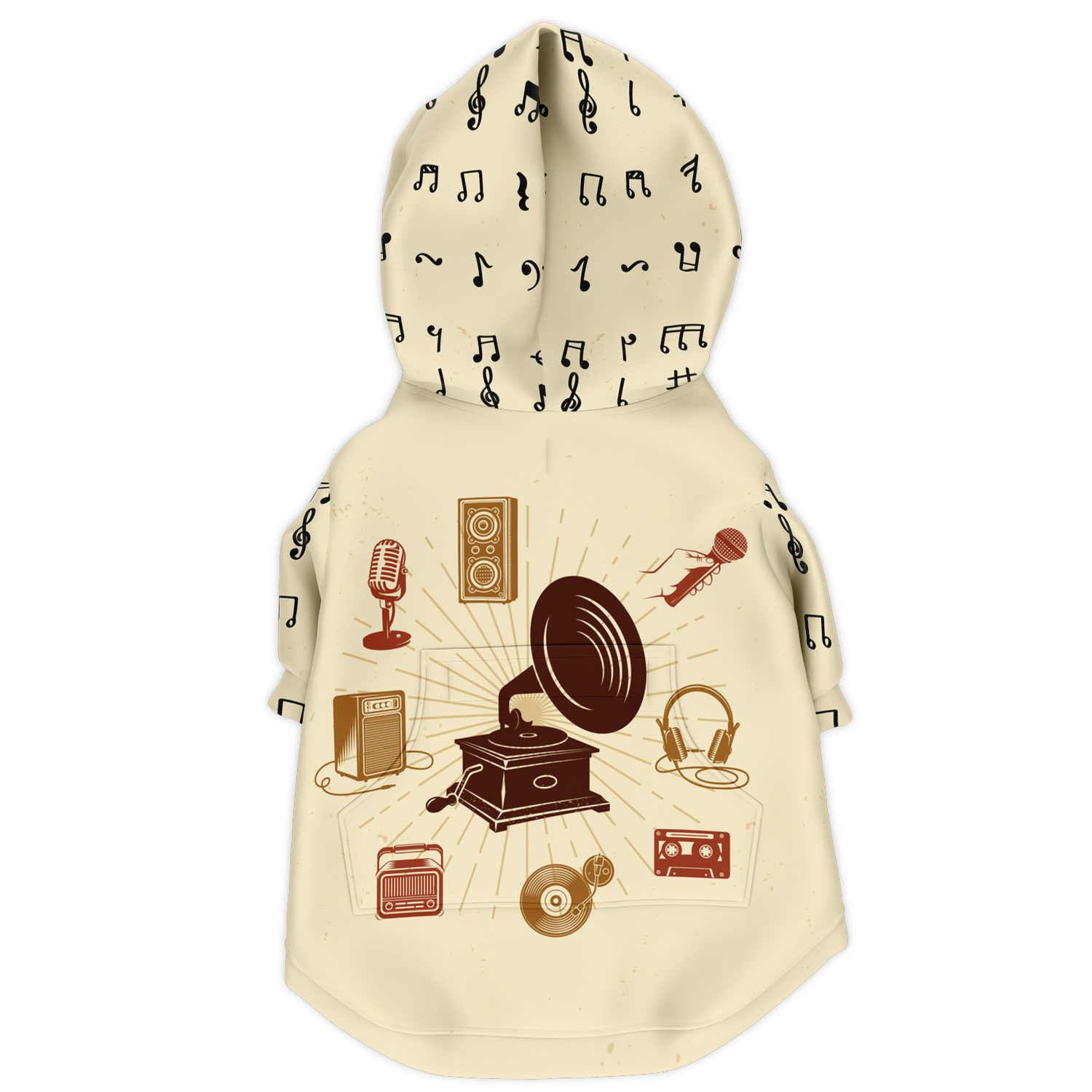 Back view of Melody Beige dog hoodie featuring vintage musical design