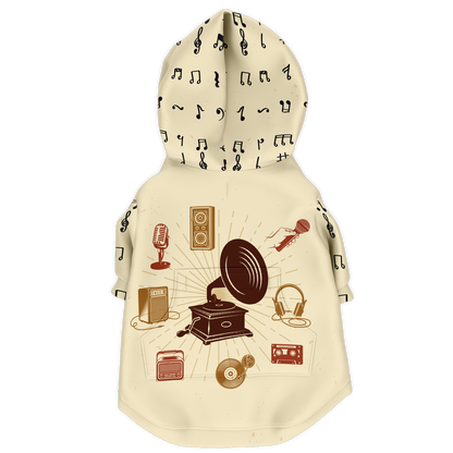 Back view of Melody Beige dog hoodie featuring vintage musical design