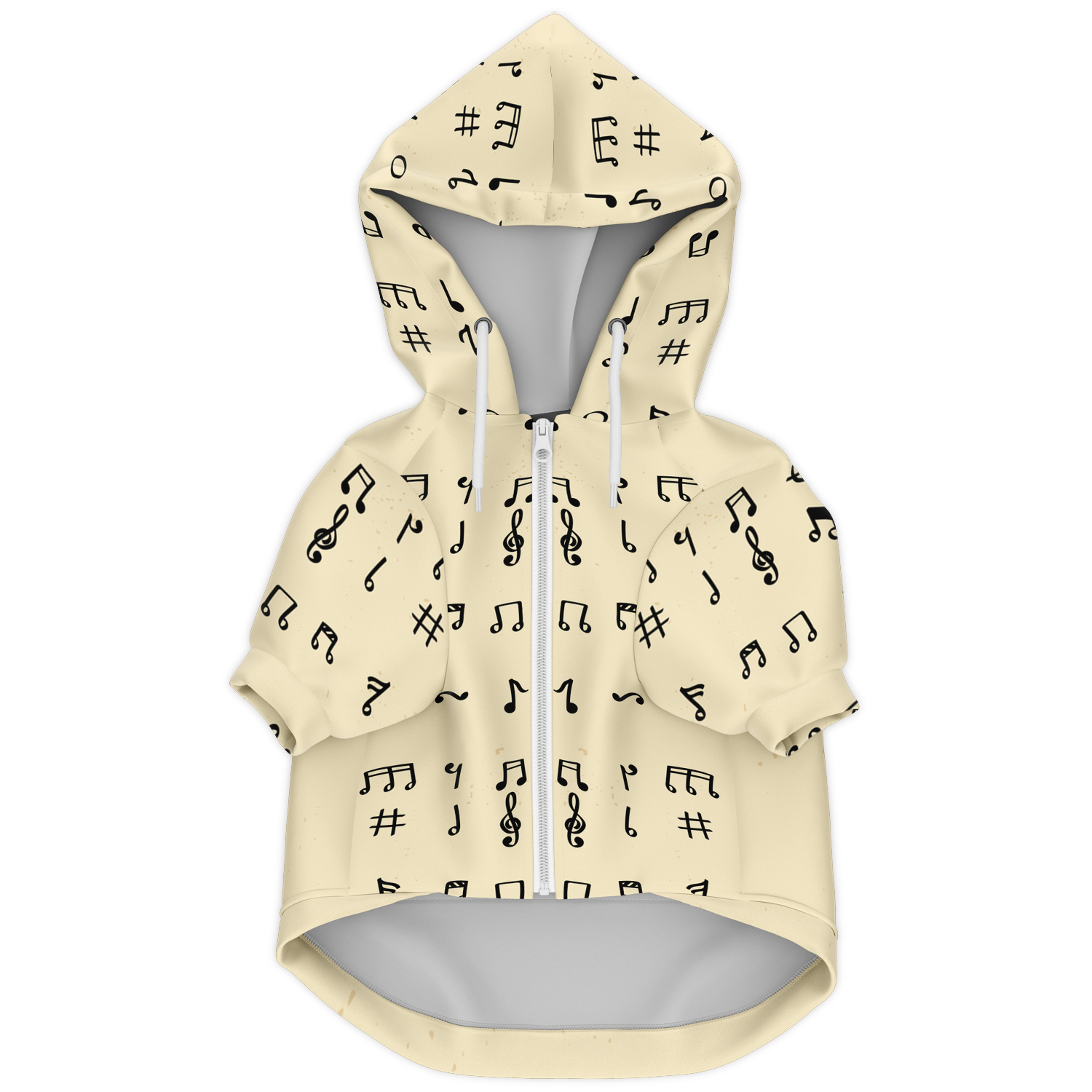 Front flat lay of Melody Beige dog hoodie with black music note pattern and zipper