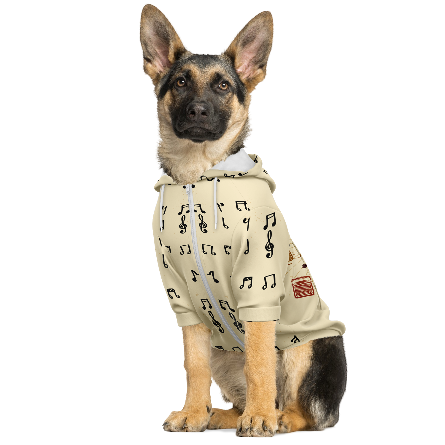 Dog sitting in Melody Beige hoodie with music notes on light beige background
