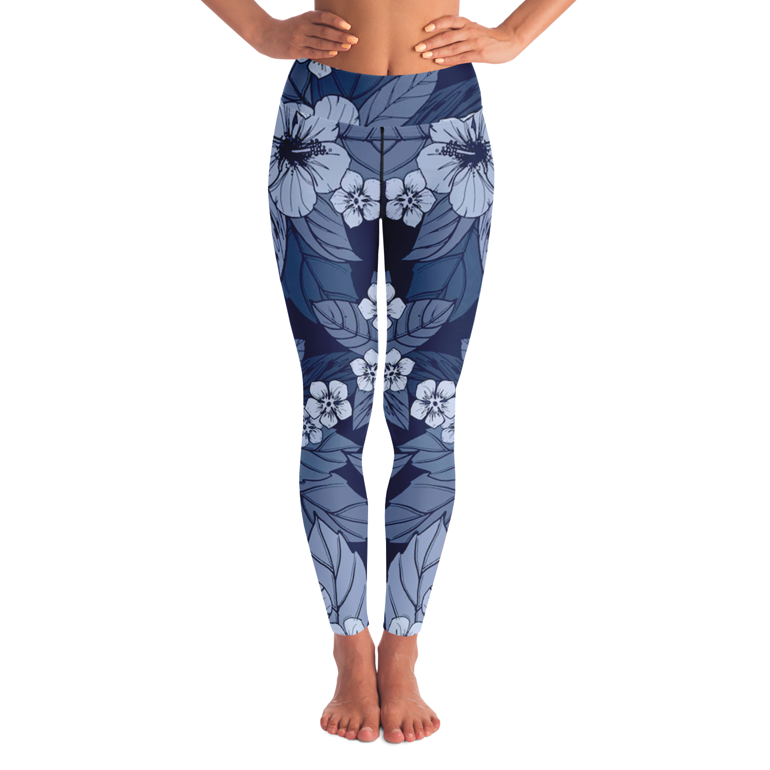 Midnight Bloom Leggings – Front view featuring deep navy tones and elegant floral pattern