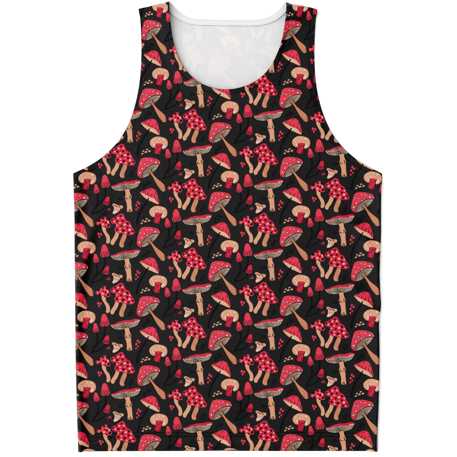 Flatlay front view of Nature Groove Tank Top featuring botanical print on black background