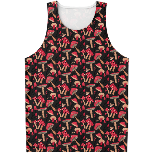 Flatlay front view of Nature Groove Tank Top featuring botanical print on black background
