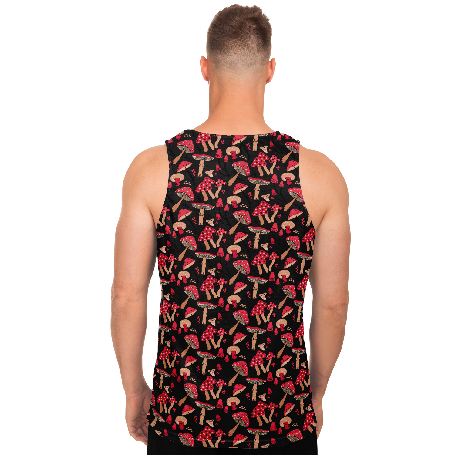  Back view of male model wearing Nature Groove Tank Top with all-over nature-inspired pattern